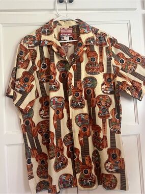RJC Cream Guitar-Print Short Sleeve Button-Down Shirt